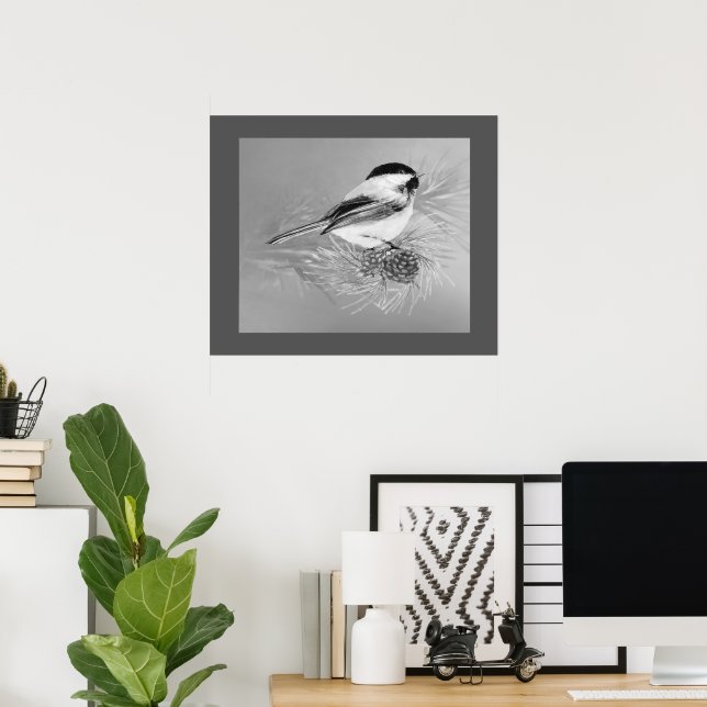 Poster Arte da Natureza com Pássaro Chickadee em Aquarela (Escritório em casa)