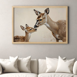 Poster Arte da Natureza em Aquarela: Mãe Cerva e Filhote