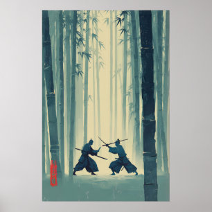 Poster Arte da Natureza Japonesa de Bambu Samurai (Azul