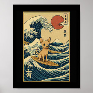 Poster Arte da Onda do Pôr do Sol do Monte Fuji Cão Japon