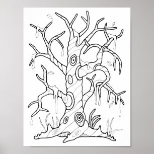 Poster Arte da Página de Coloração da Árvore do Halloween