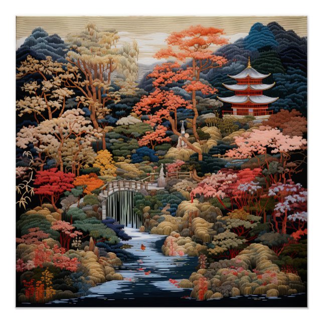 Póster Arte da Paisagem Japonesa: Cascata e Aldeia (Frente)