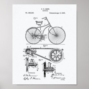 Poster Arte da patente da bicicleta 1890 - Livro Branco
