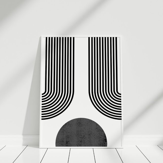 Poster Arte de Abstrato branco e preto boêmico (Bohemian Black and White Abstract Wall Art against white wall in white frame.)