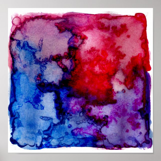 Poster Arte de Abstrato de Aquarela Vermelha Azul Roxo (Frente)