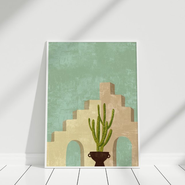 Poster Arte de Abstrato de Núcleo e Teal (Boho Neutral and Teal Abstract Illustration Art Poster in white frame against white wall.)