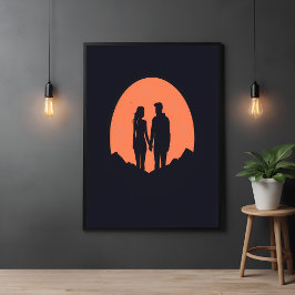 Poster Arte de Amor Minimalista do Casal Silhout Sunset