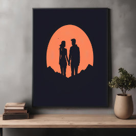 Póster Arte de Amor Minimalista do Casal Silhout Sunset