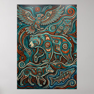 Poster Arte de Animal Espiritual Turquesa e Vermelho