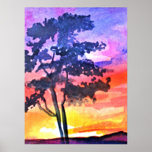 Poster Arte de aquarela da paisagem do Sonho Sunset
