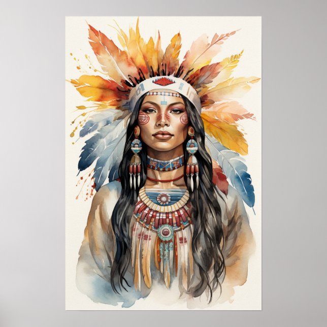 Poster Arte de Aquarela da Princesa Indiana Nativa (Frente)