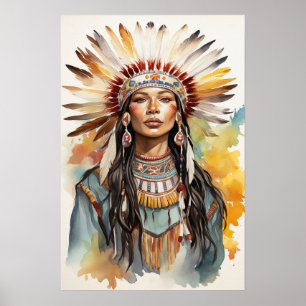 Poster Arte de Aquarela da Princesa Indiana Nativa