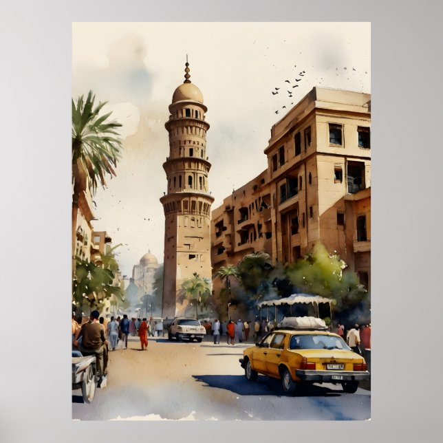 Poster Arte de aquarela do Cairo (Frente)