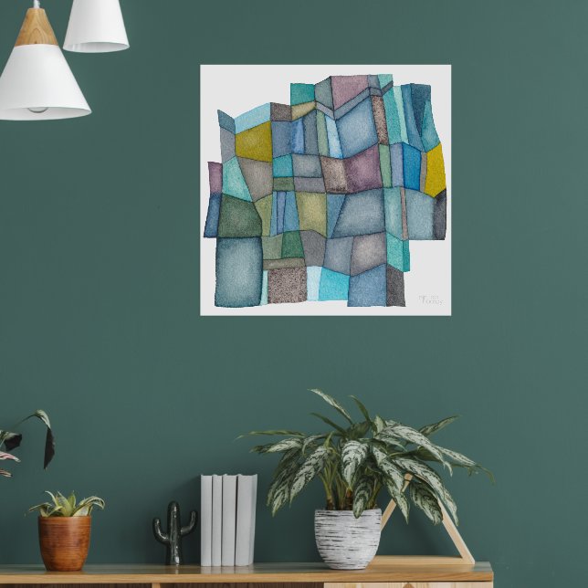 Poster Arte de Aquarela em Tons Frios Segmentados (Sala de Estar 1)