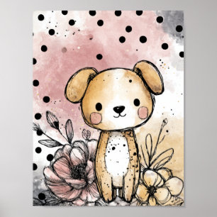Poster Arte de Aquarela Floral Caprichosa de Cachorrinho 