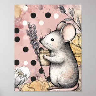 Poster Arte de Aquarela Floral de Rato Caprichoso