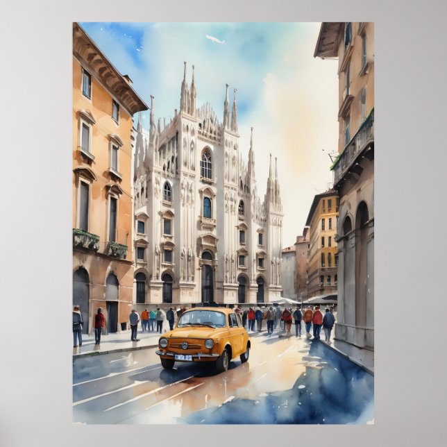 Poster Arte de aquarela Milão (Frente)