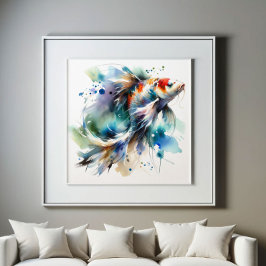 Poster Arte de Aquarelas de Peixe-Koi Grande Colorida