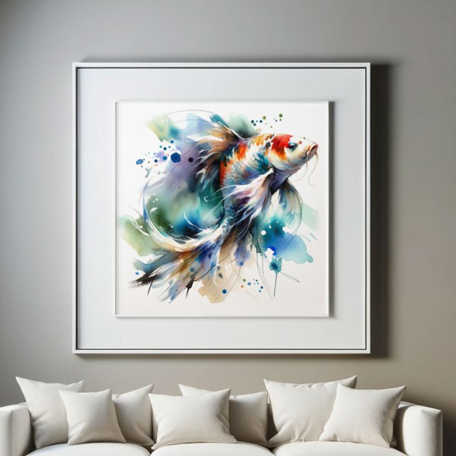 Poster Arte de Aquarelas de Peixe-Koi Grande Colorida (Koi fish watercolor art in colorful shades of red, blue green and purple. )