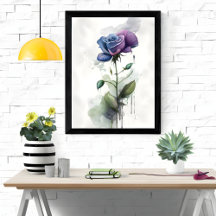 Arte de Aquarelas Purple & Blue Rosa Botanical