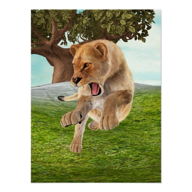 Póster Arte de Aventura na Selva com Leoa Feroz (Frente)