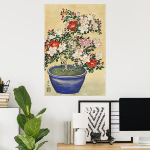 Poster Arte de Azaléia Vintage Ohara Koson em Pote Azul