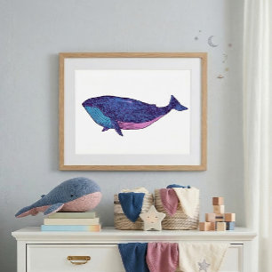 Poster Arte de baleia fofa em azul oceano