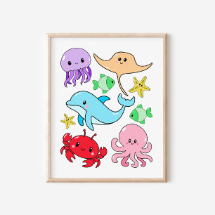 Poster Arte de Berçário Colagem de Vida Marinha Kawaii Fo