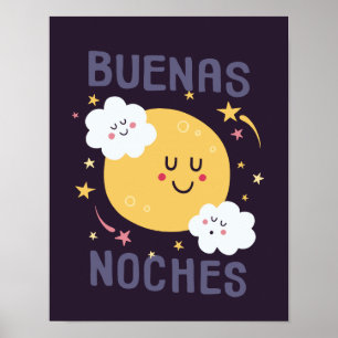 Poster Arte de berçário da Feliz Lua e Estrelas em Espanh