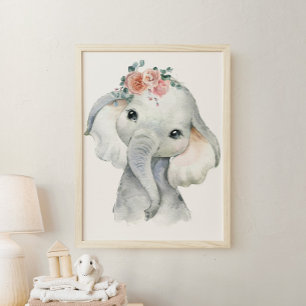 Poster Arte de Berçário de Animais Safari Aquarela Elefan