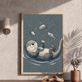 Poster Arte de Berçário de Lontra Fofa Fazendo Malabarism