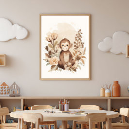 Poster Arte de Berçário Infantil Boho Neutro Safari Macac