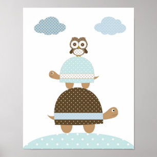 Póster Arte de berçário menino bebê coruja tartaruga
