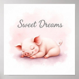 Poster Arte de berçário porco dormindo Sonhos Doces