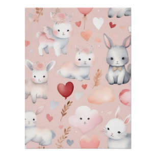 Póster Arte de Berço Bunny Cupid – Aquarela Rosa Bege