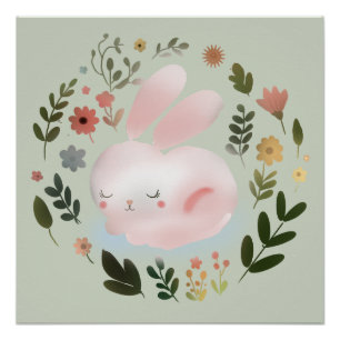 Póster Arte de berço de grinalda floral de coelhinho da p