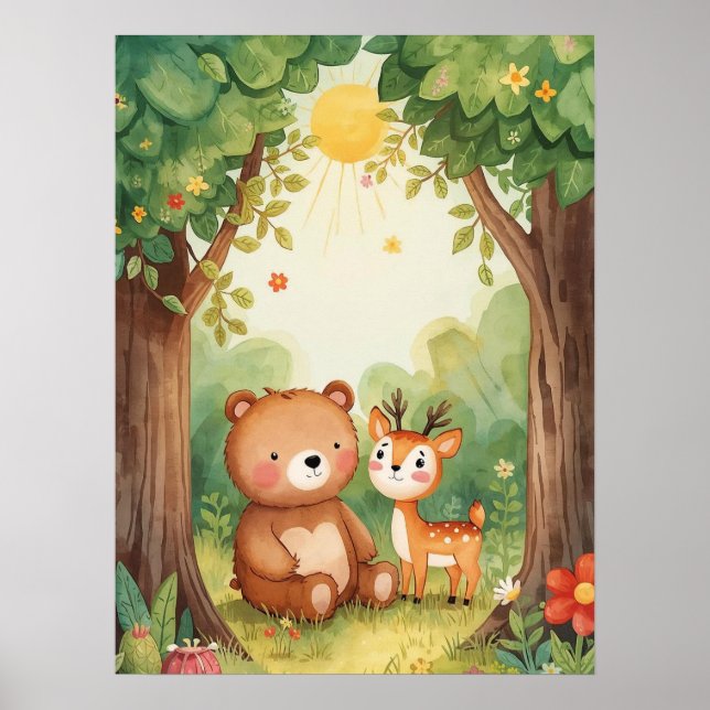 Poster Arte de Berço Florestal de Urso e Cervo Fofo em Aq (Frente)