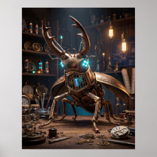 Poster Arte de Besouro-veado em Bronze com Engrenagens