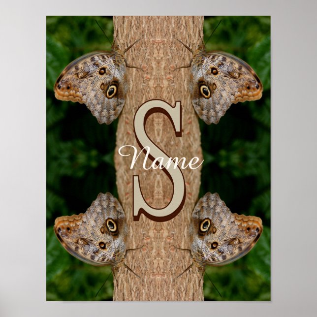 Poster Arte de Borboleta com Nome e Inicial de Monograma  (Frente)