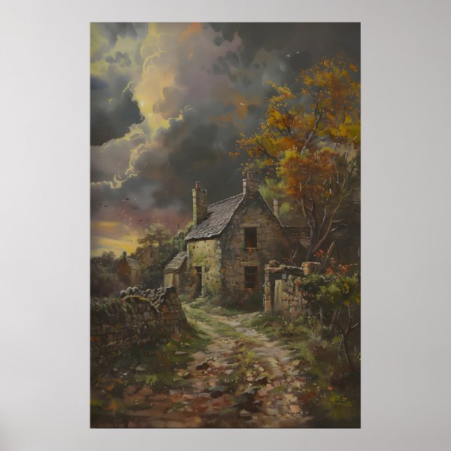Poster Arte de Cabana de Pedra de Outono, Decoração Rústi (Frente)