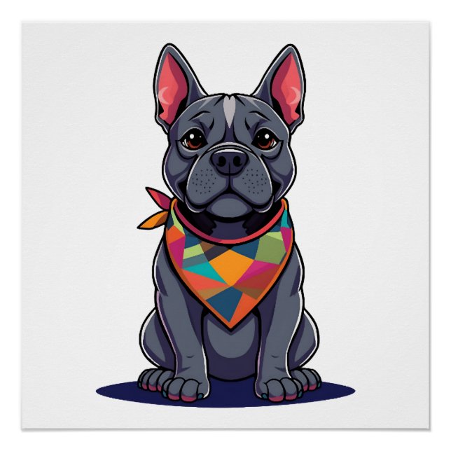 Póster Arte de cachorro Pitbull francês fofo com bandana (Frente)
