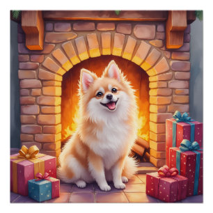 Póster Arte de Cachorro Pomerânia Fofo lareira de Natal