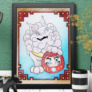 Poster Arte de Cachorro Única e Boneca Daruma Grande Colo