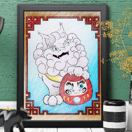 Poster Arte de Cachorro Única e Boneca Daruma Grande Colo