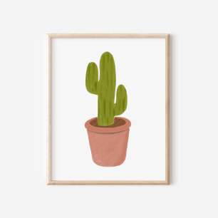 Poster Arte de Cacto em Vaso com Pastéis a Óleo Desenhado