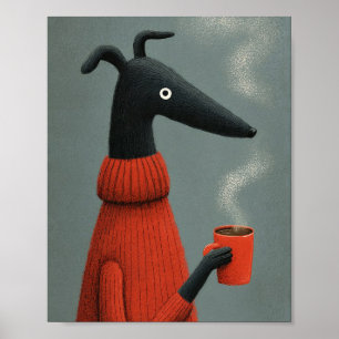 Poster Arte de Café com Cachorro Preto Estilizado
