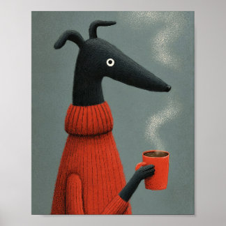 Poster Arte de Café com Cachorro Preto Estilizado
