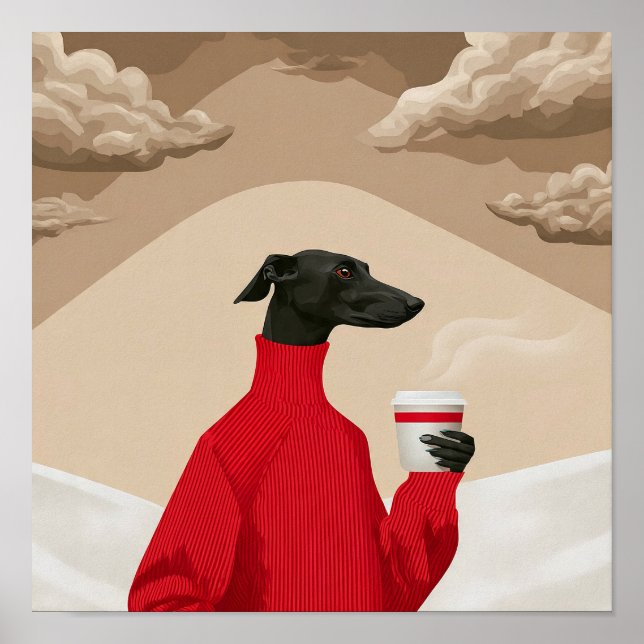 Poster Arte de café com Greyhound preto engraçado em suét (Frente)