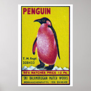 Poster Arte de Caixa de Fósforos de Pinguim, Folk Vintage