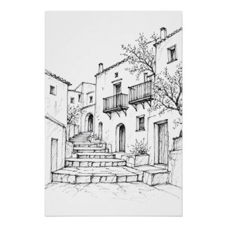 Póster Arte de caneta do centro histórico mediterrâneo